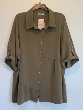 Kirundo Oversized Olive Button Up Tunic Asymmetrical Tier Plus Size